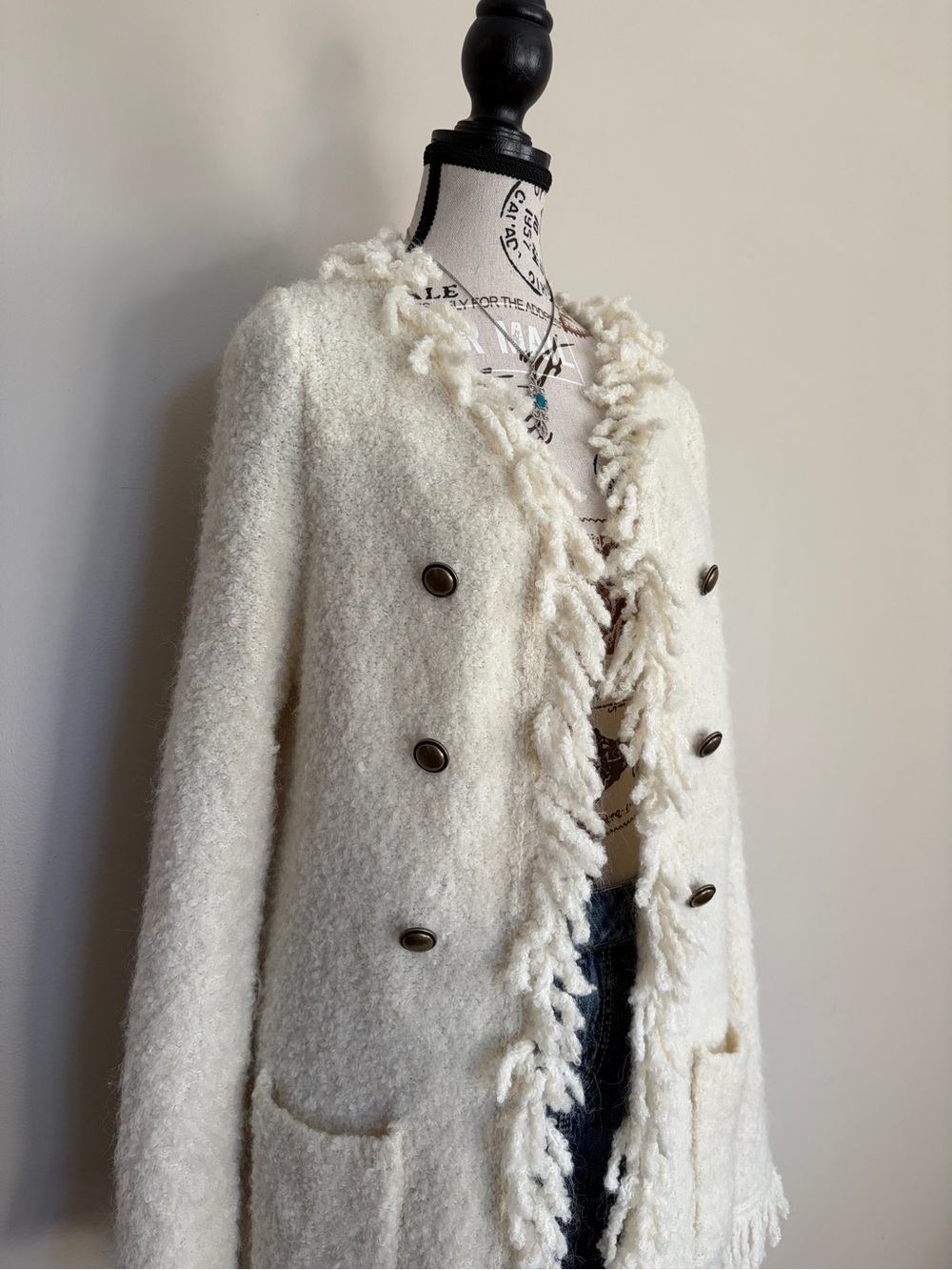 Y2K FDJ White Wool Blend Whimsy Shaggy Fringe Open Front Sweater Coatigan - Picture 2 of 13